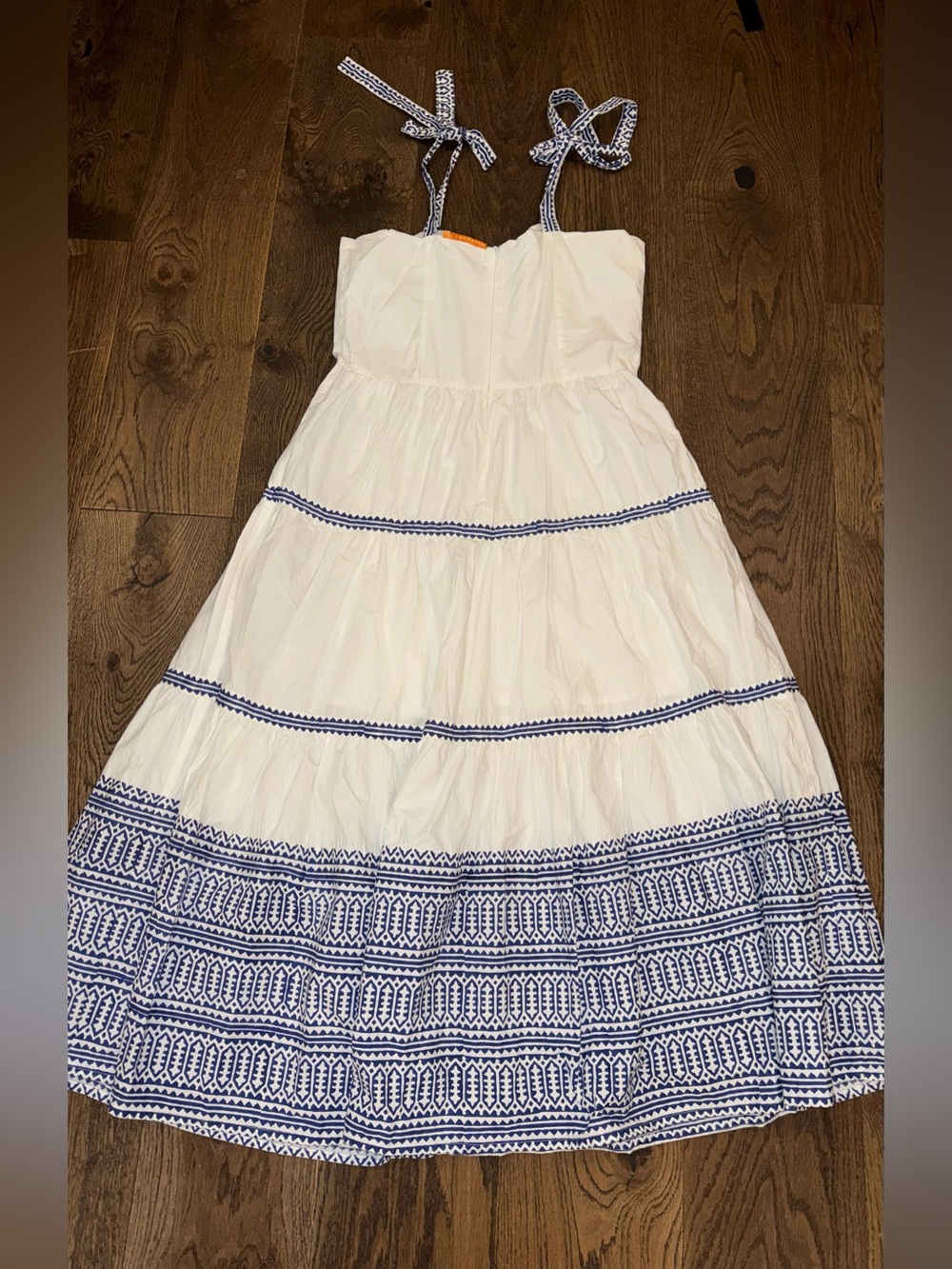 Oliphant Tie Strap Button Cotton Poplin Midi Dress in Mykonos Large - Picture 8 of 10